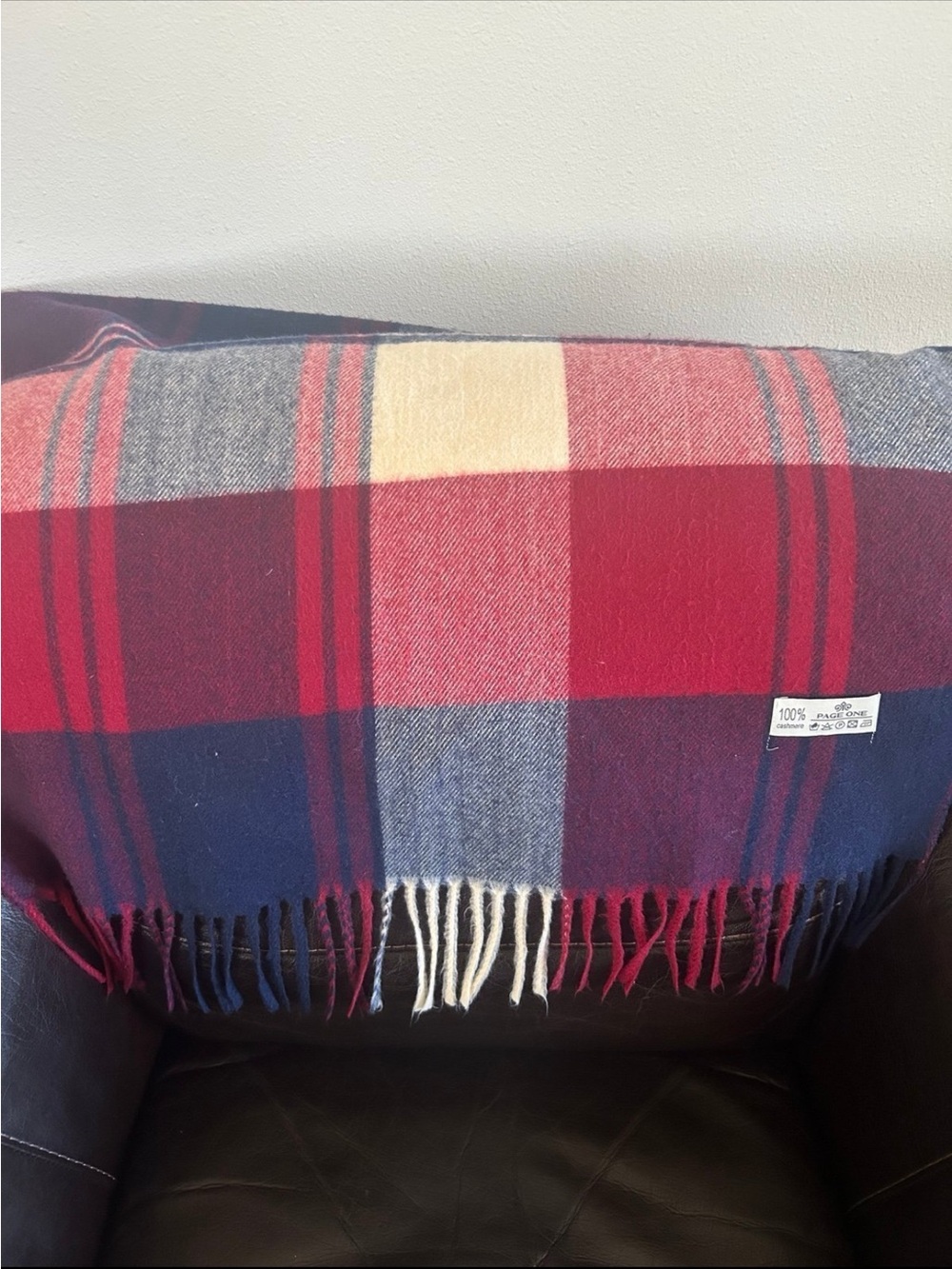 Baby Alpaca 100% Cashmere Plaid Fringe Wrap Scarf - Red, Navy & Cream